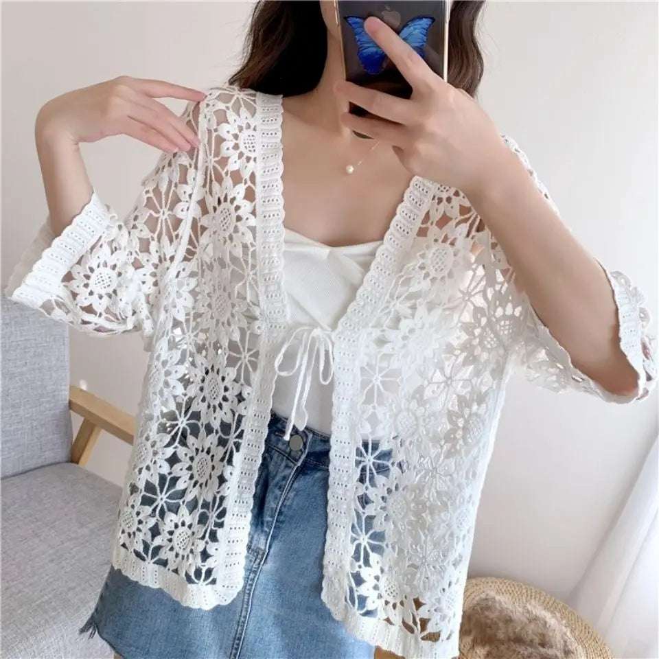 Cotton Knit Crochet Lace Open Cardigan Mid-Sleeve Summer Vintage Sweater