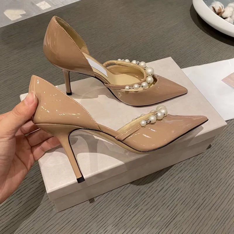 Star style Luxury Pearls Rhinestones  and Patent Leather Women Pumps