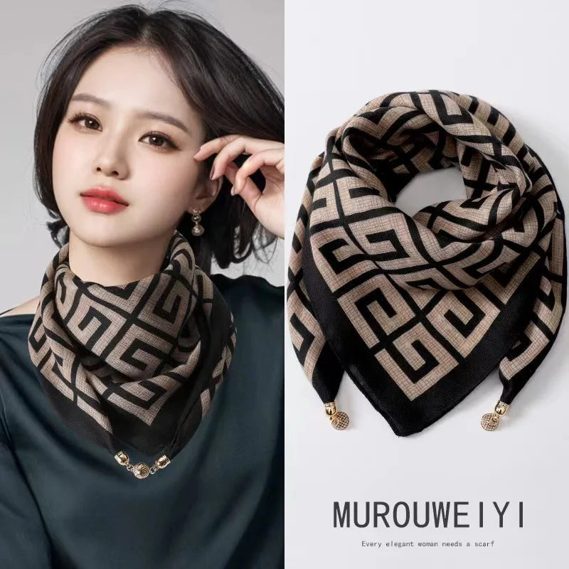 Luxury Magnetic Buckle Striped Silk Scarf