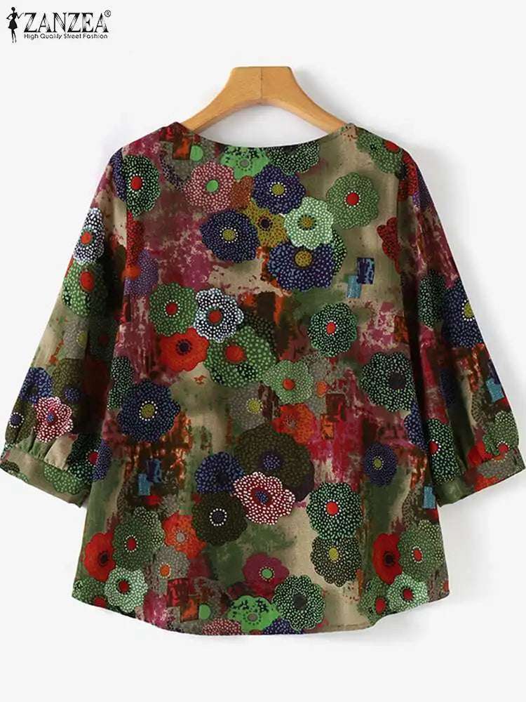 ZANZEA Women Long Sleeve Blouse 2024 Autumn Retro Floral Print Shirts Vintage Office Lady Cotton Chemise Holiday Round Neck Tops