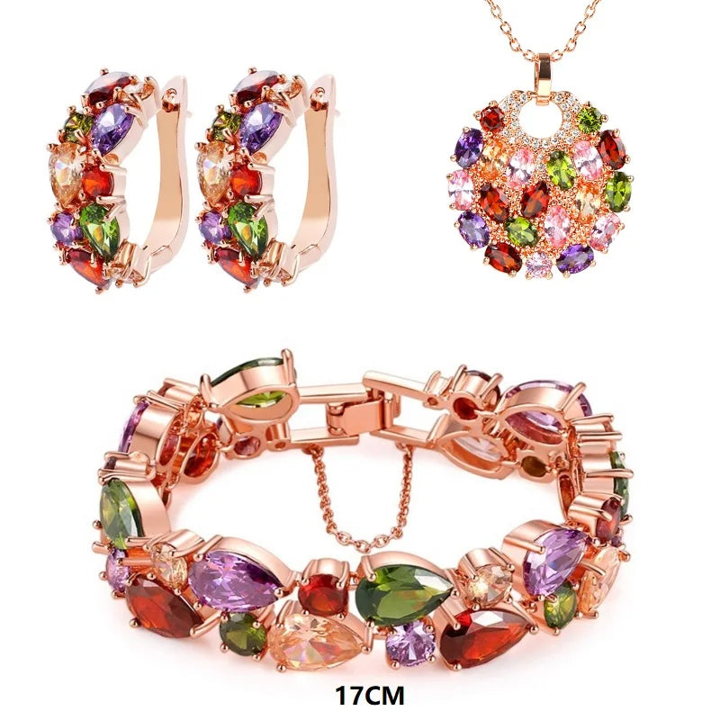 Retro Sweet Rose Gold Color Multi Cubic Zirconia Jewelry Sets