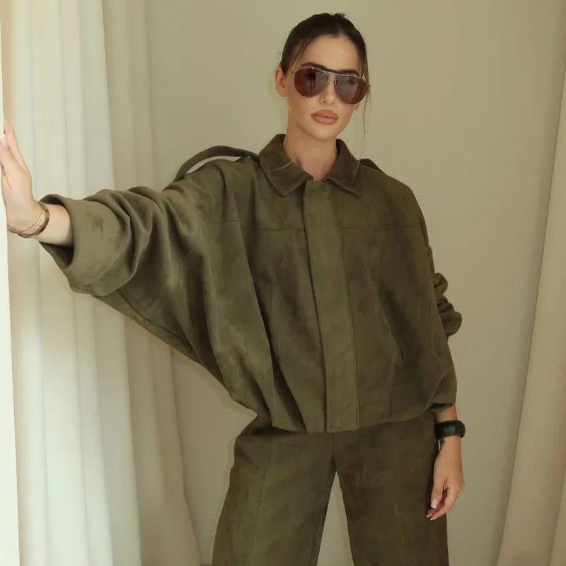 Women's Bomber Jacket Lapel Long Sleeve, Zipper, Suede Jacket