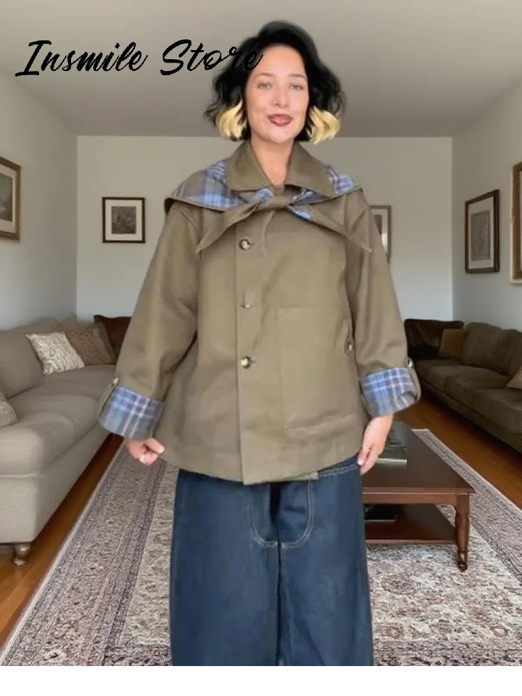 Chic Plaid Double Side Coats Women Lapel Single Breasted Long Sleeve Pocket Lace Up Jacket