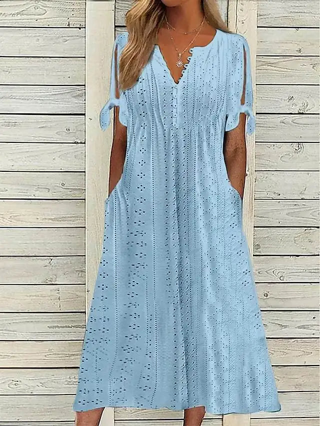 Summer New Women's Dress with Hollow-out Lace Trim and V-neck