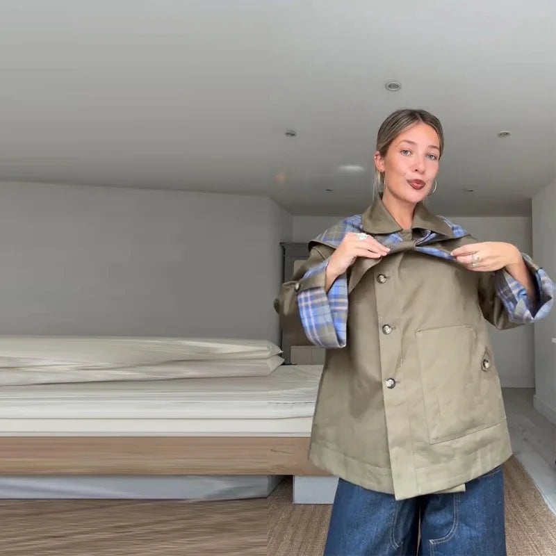 Chic Plaid Double Side Coats Women Lapel Single Breasted Long Sleeve Pocket Lace Up Jacket