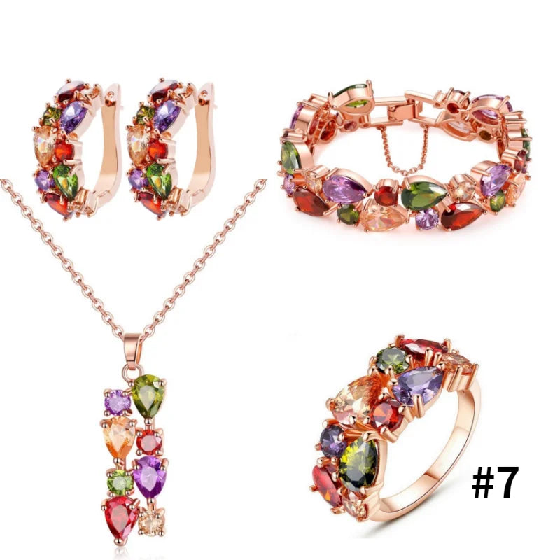 Retro Sweet Rose Gold Color Multi Cubic Zirconia Jewelry Sets