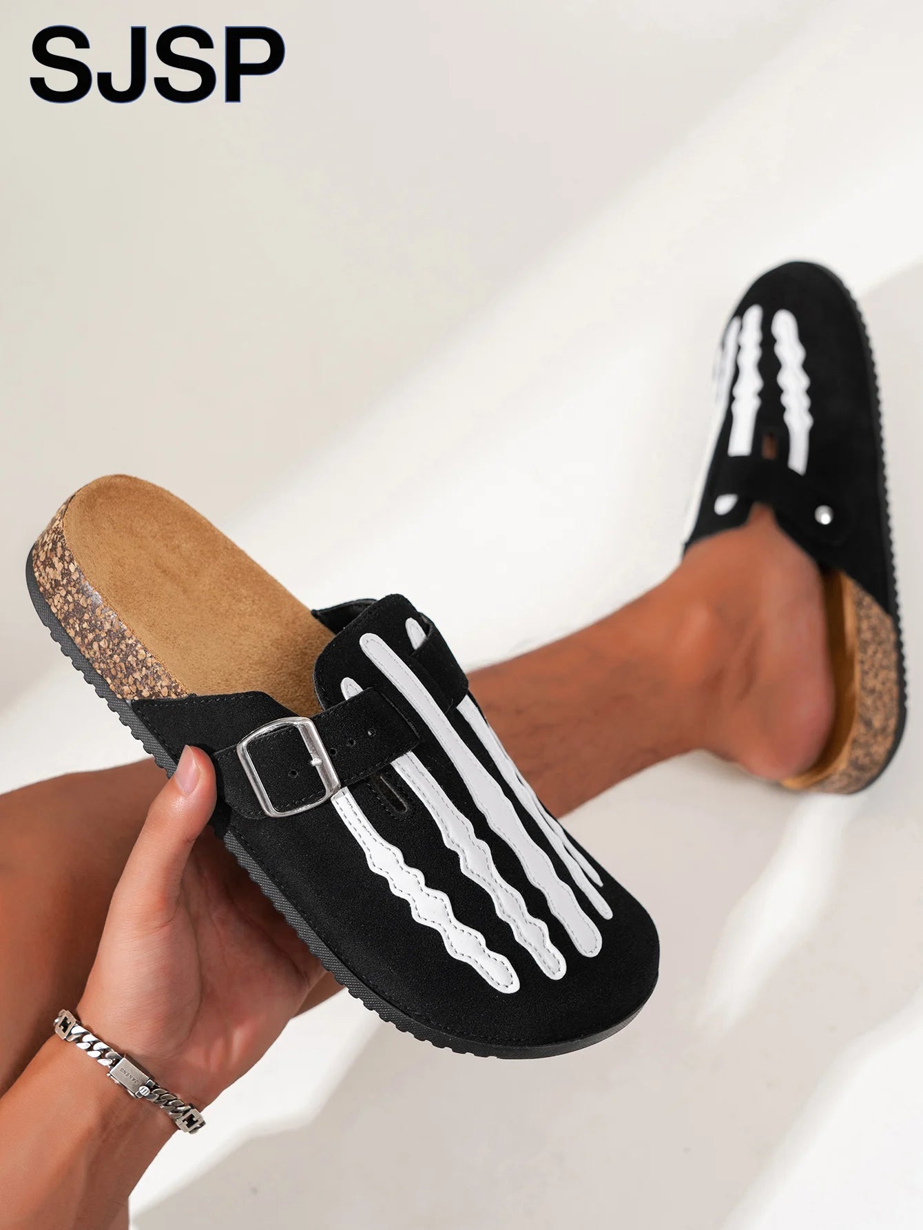 Men's New Half-Slip Halloween Trendy Skeleton Print Slip-On Design Sandals