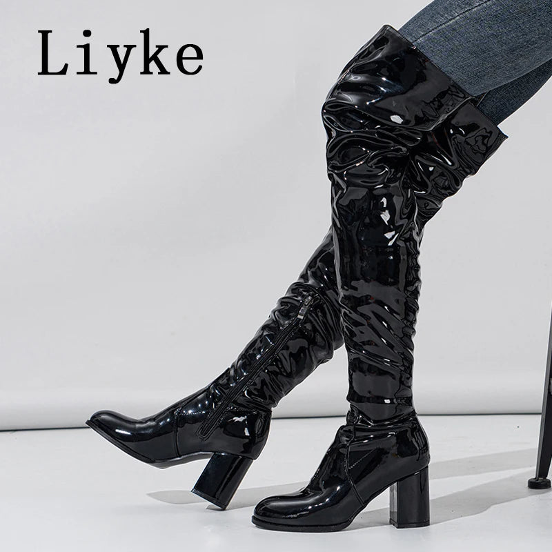 Liyke Autumn Winter White Patent Leather Over The Knee Boots