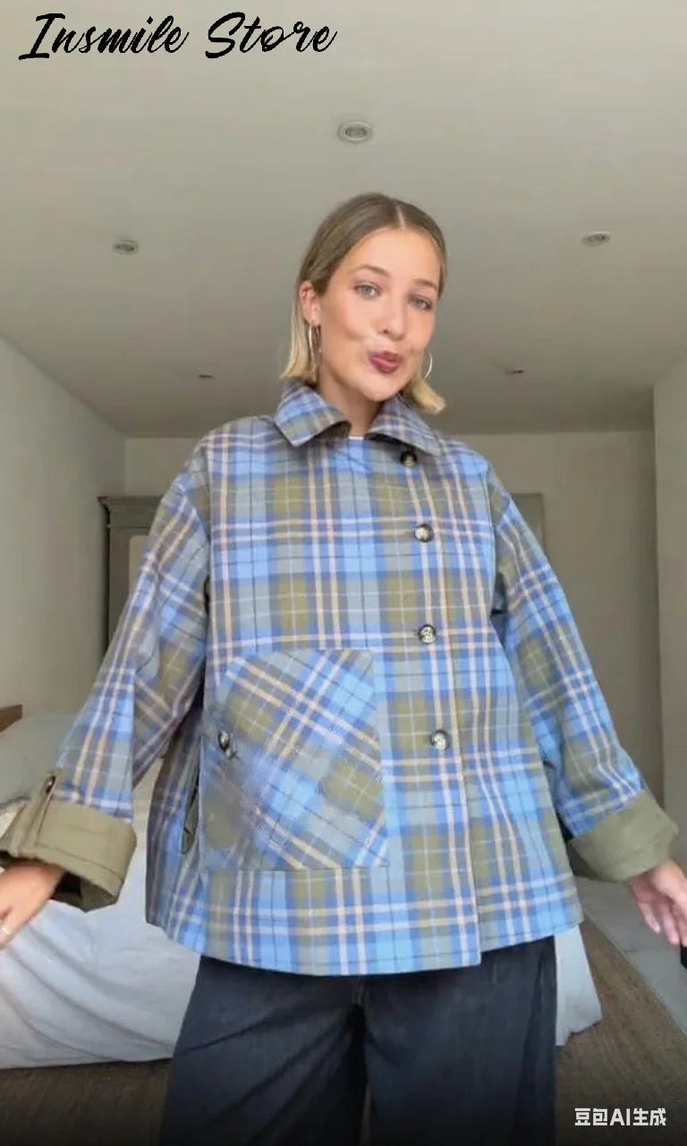 Chic Plaid Double Side Coats Women Lapel Single Breasted Long Sleeve Pocket Lace Up Jacket