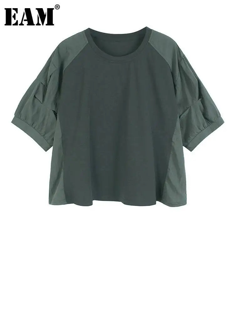 Women's Gray Pleated Color-block Big Size Casual T-shirt