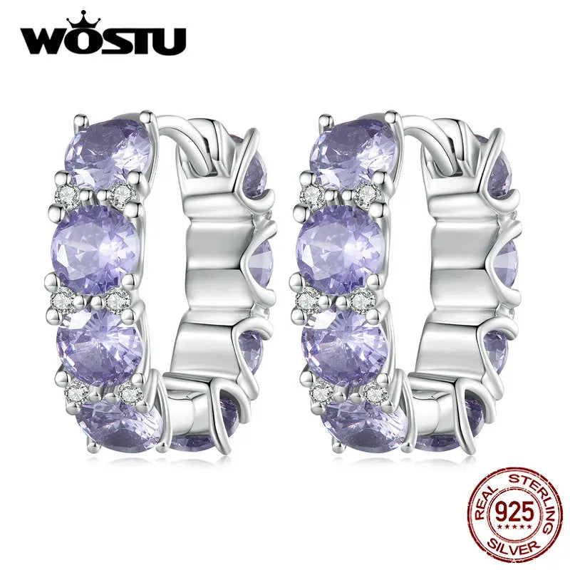 WOSTU Big Stone 925 Sterling Silver Classical Round Purple Crystal Hoop Earrings