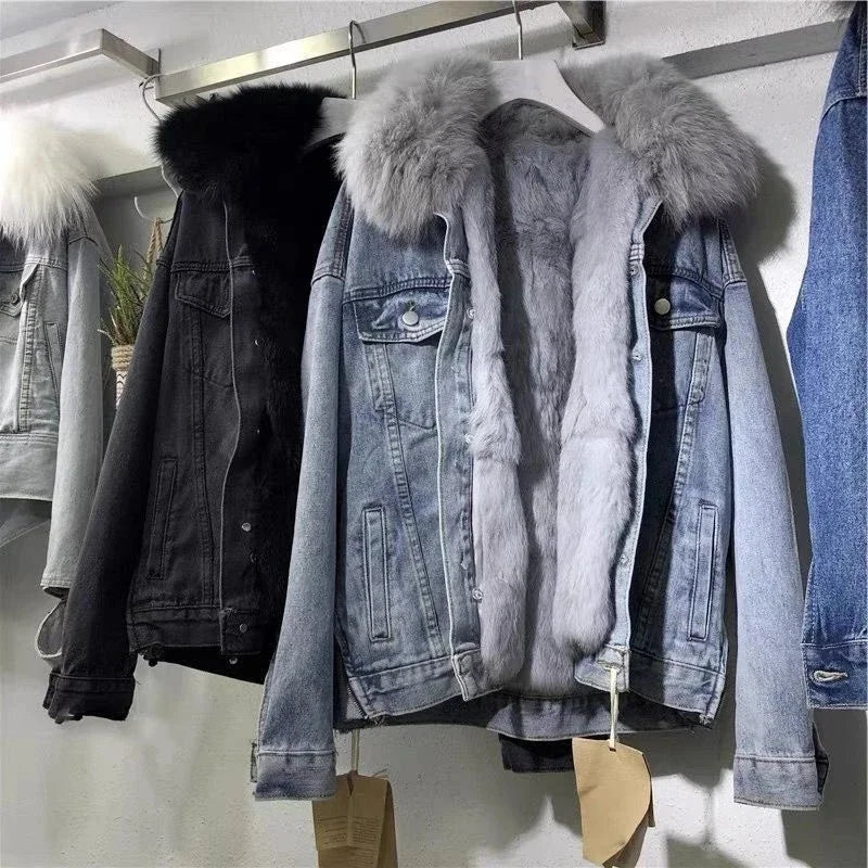 Winter Women Warm Basic Coat Big Fur Collar Denim Jacket
