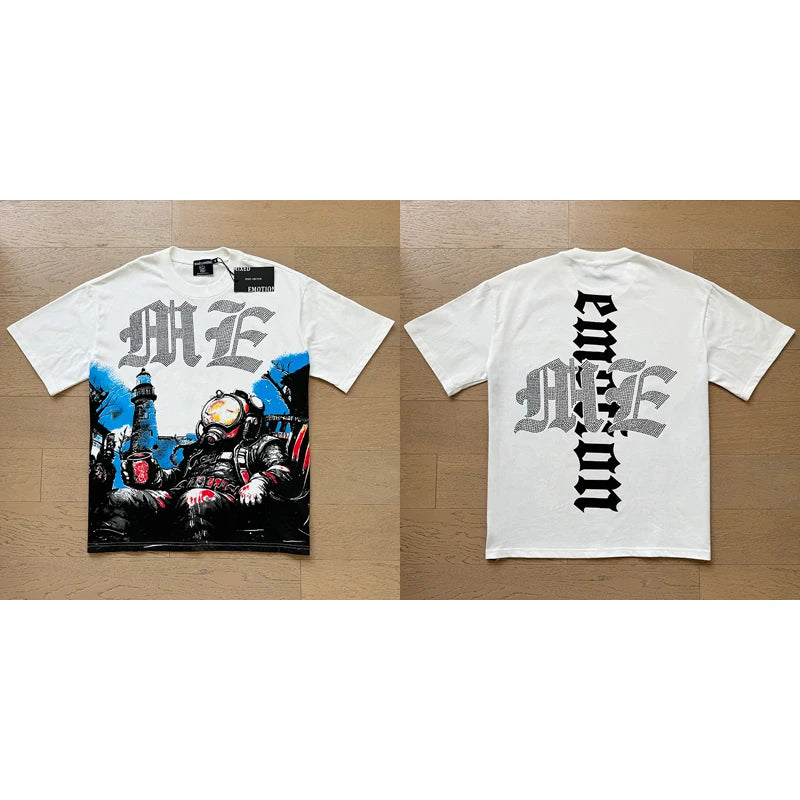 High Street Fashion Angel Print Hot Drill Streetwear MIXED EMOTION T-shirt