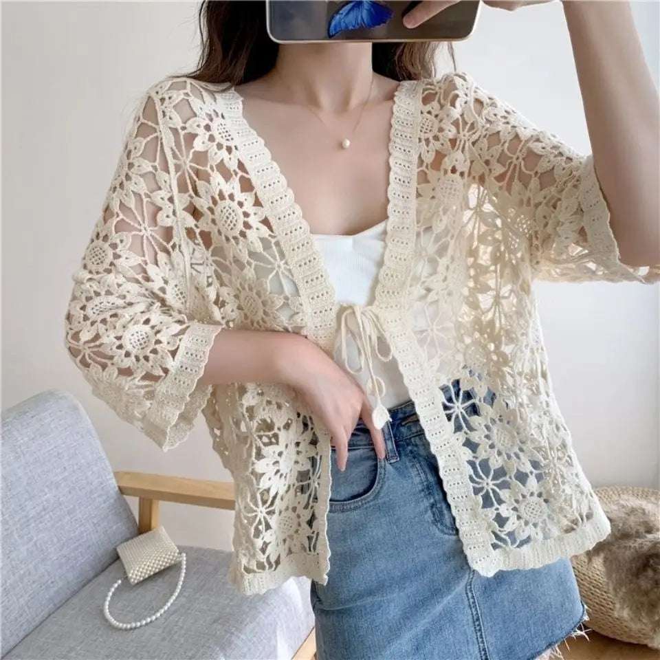 Cotton Knit Crochet Lace Open Cardigan Mid-Sleeve Summer Vintage Sweater