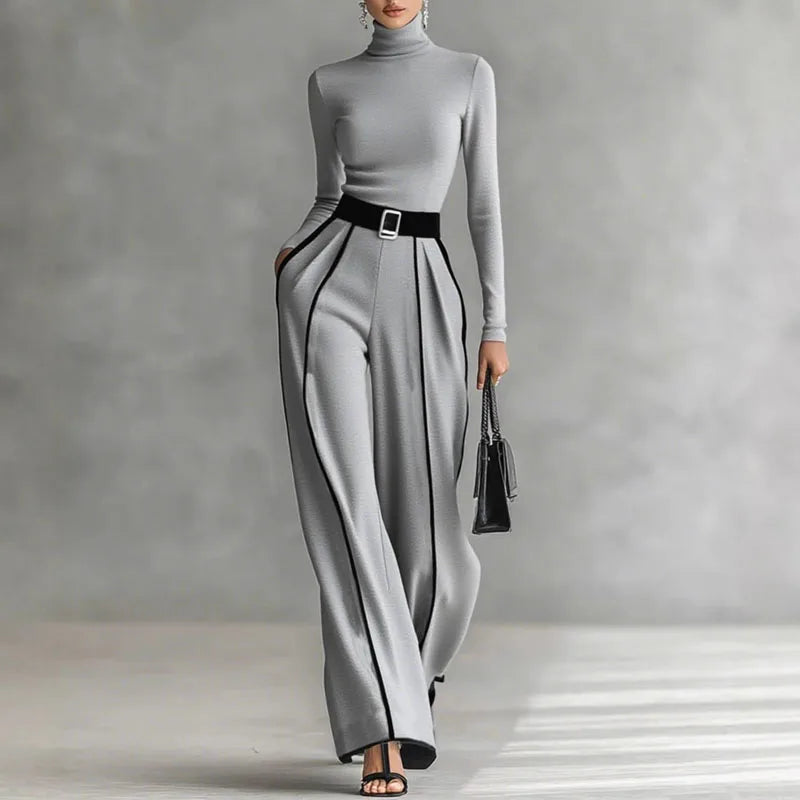 Retro Turtleneck Bottoming Shirt Top+Wide-leg Trousers Suit