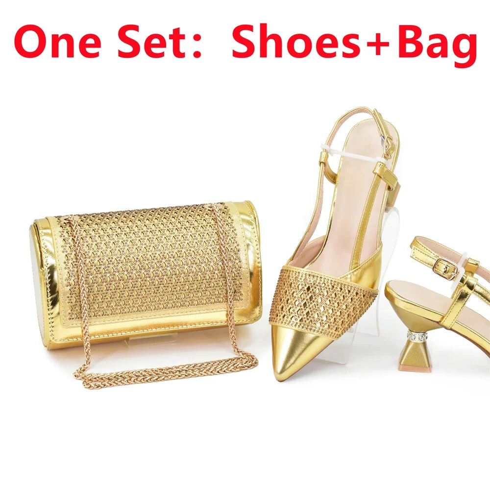 New Women's Heeled Shoes and Bag Set - Rhinestone-Decorated Luxury Design for Parties