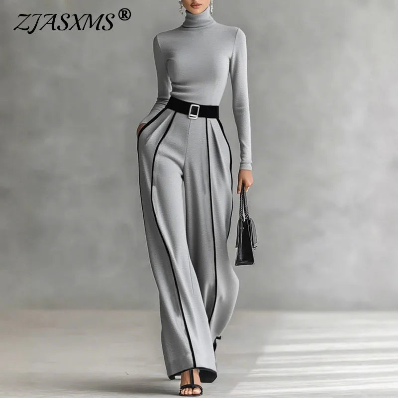 Retro Turtleneck Bottoming Shirt Top+Wide-leg Trousers Suit