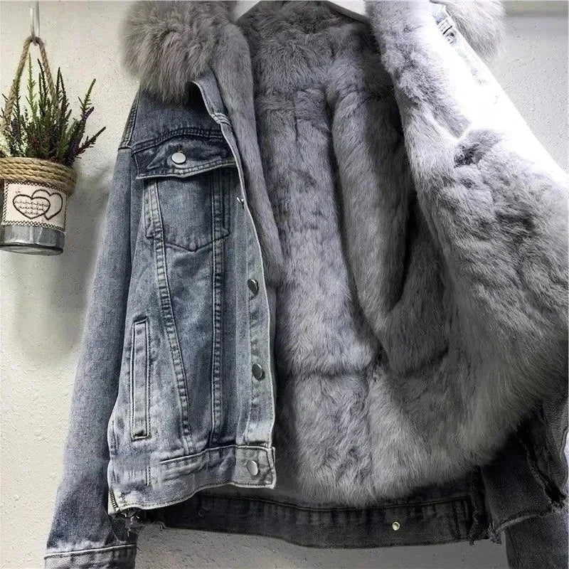 Winter Women Warm Basic Coat Big Fur Collar Denim Jacket