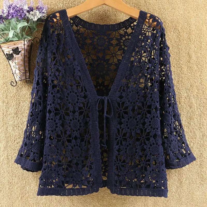 Cotton Knit Crochet Lace Open Cardigan Mid-Sleeve Summer Vintage Sweater