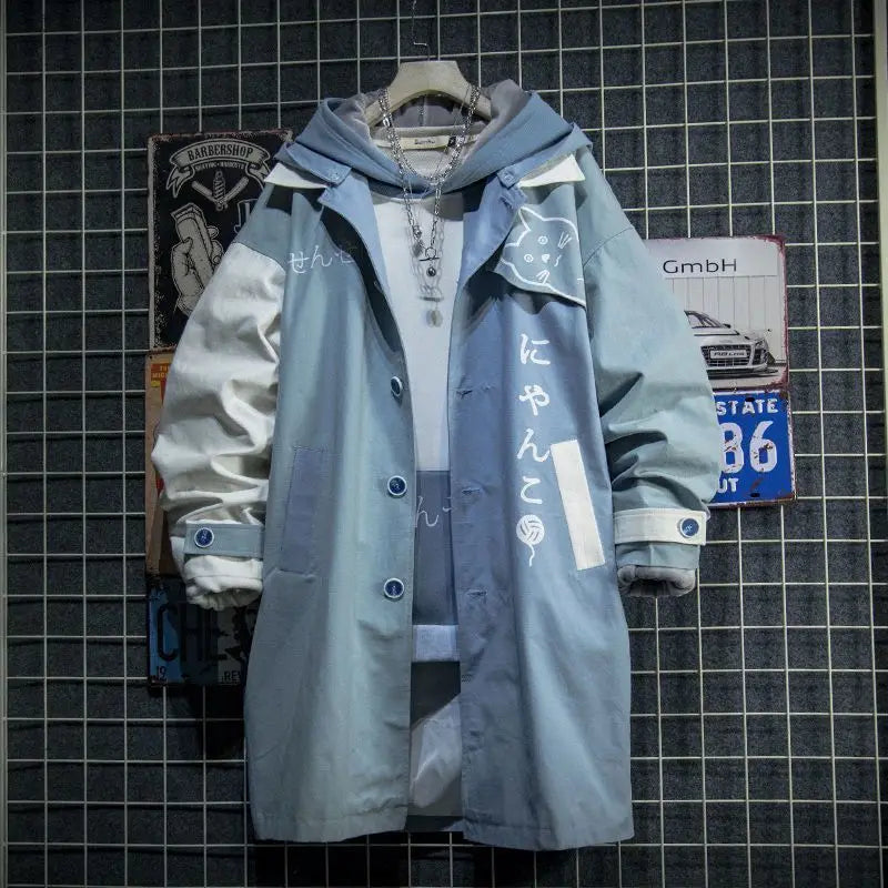 Japanese Style Spring Autumn Men Hoodie Cute Cat Print Patchwork Hoodies Fashion Anime Harajuku Male Sweatshirt