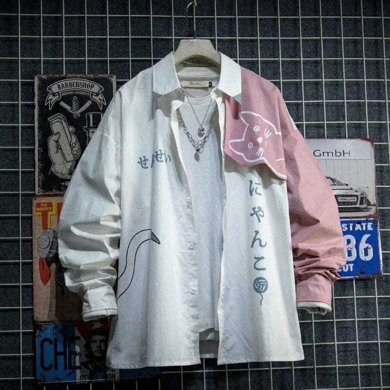 Japanese Style Spring Autumn Men Hoodie Cute Cat Print Patchwork Hoodies Fashion Anime Harajuku Male Sweatshirt