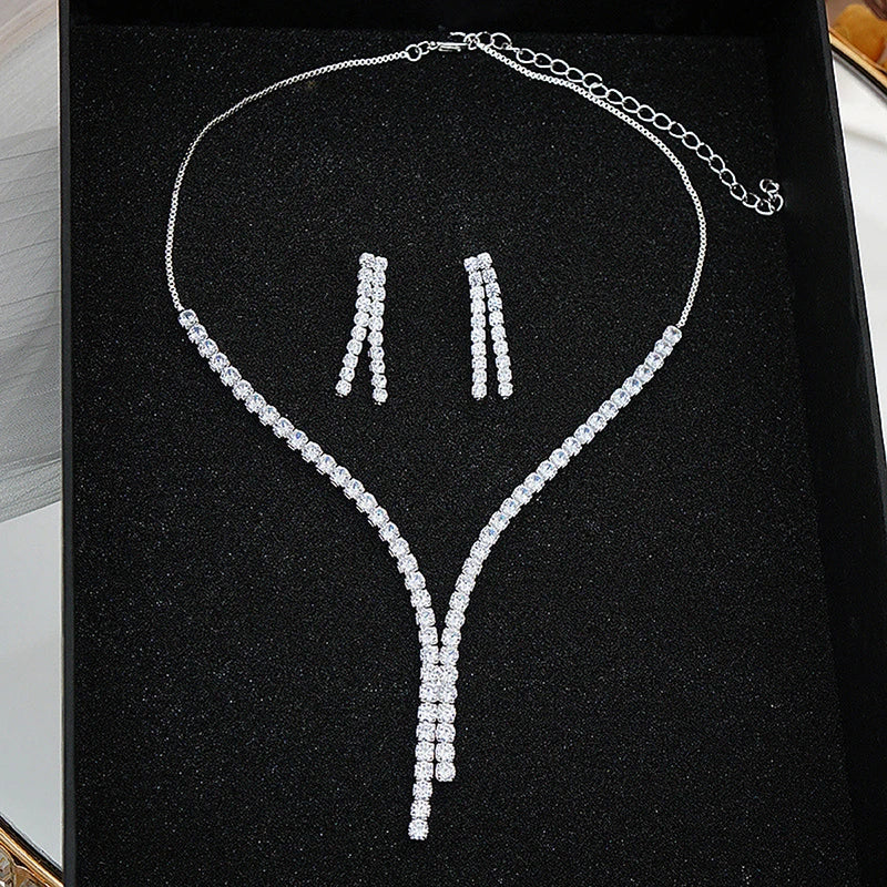 2 Pcs Simple Geometric Zircon Necklace Earrings Kit