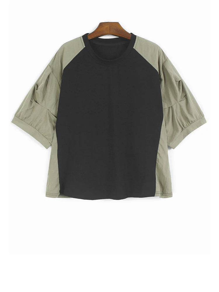 Women's Gray Pleated Color-block Big Size Casual T-shirt