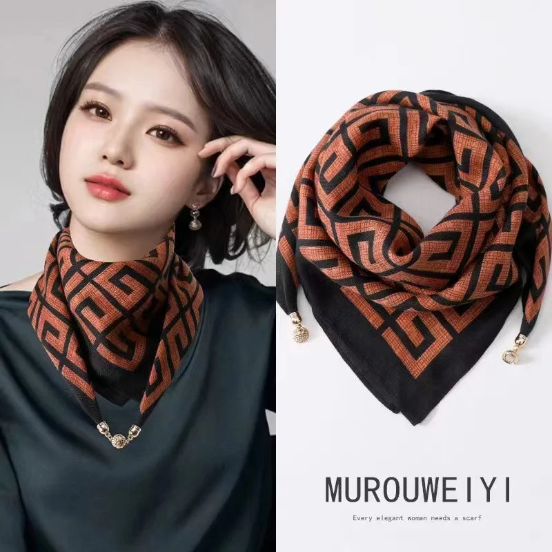 Luxury Magnetic Buckle Striped Silk Scarf