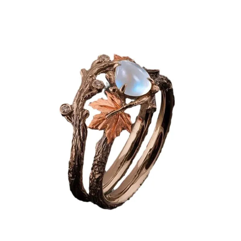 Vintage Boho Hollow Leaf Moonstone Ring for Women