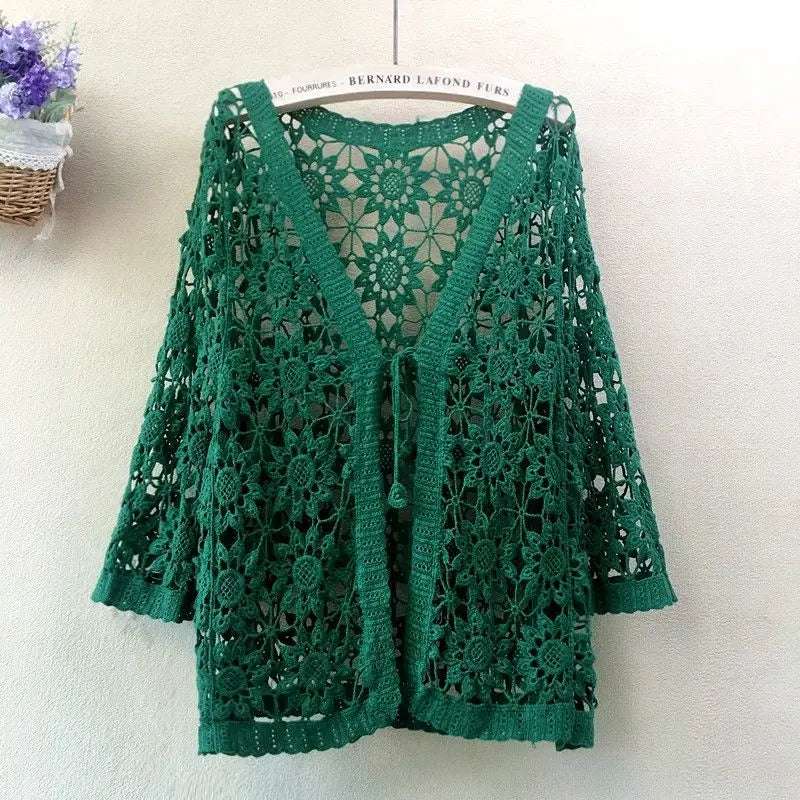 Cotton Knit Crochet Lace Open Cardigan Mid-Sleeve Summer Vintage Sweater
