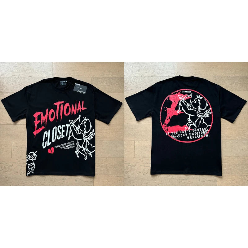 High Street Fashion Angel Print Hot Drill Streetwear MIXED EMOTION T-shirt