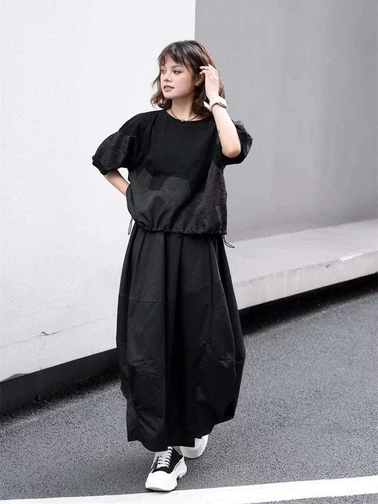 XITAO Shirring Patchwork Print O-neck T-shirts Short Sleeve Pullover Loose Fashion Top 2024 Summer New All Match Slimming GJ1038