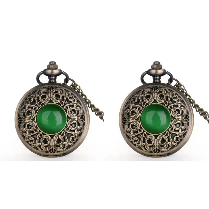 Vintage Arabic Numerals Face Hollowed-Out Carving Jade Quartz Pocket Watch