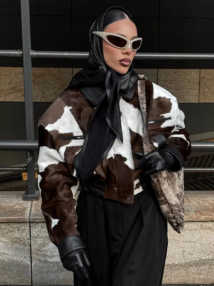 Women's Irregular Printed Jackets Cow Pattern Coats