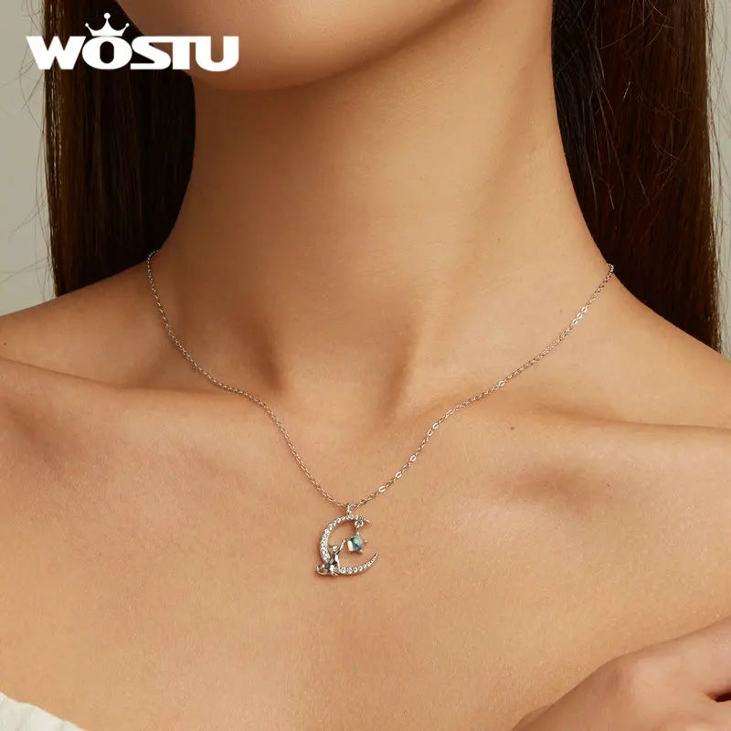 WOSTU 925 Sterling Silver Cute Cat Rabbit Necklace Star Zircon Moon Pendant Necklace