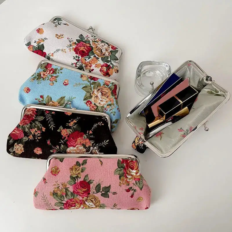 Women's Vintage Floral Pattern Coin Purse, Kiss-Lock Clutch Purse