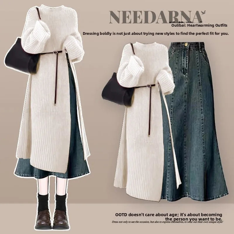 Autumn-Winter Knitted Sweater and Denim Skirt Set