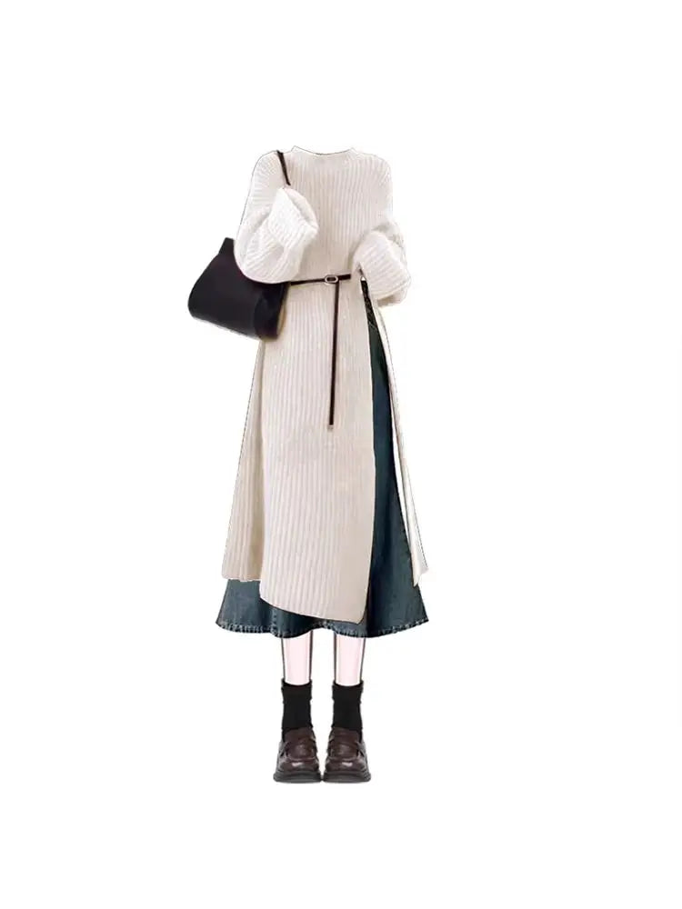 Autumn-Winter Knitted Sweater and Denim Skirt Set