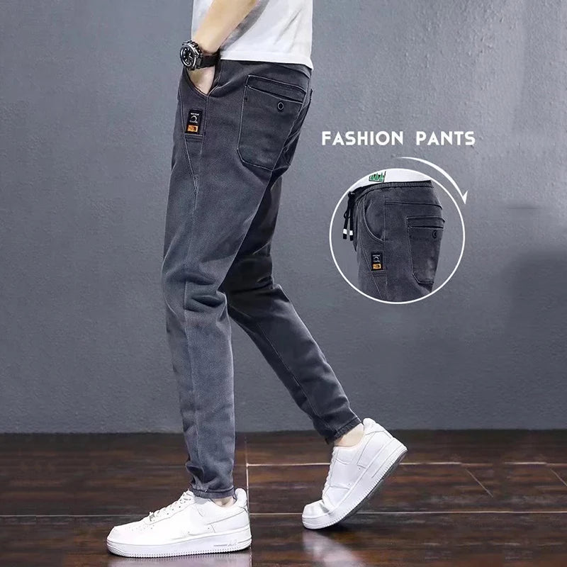 Men's Comfortable Elastic Waist Denim Pants Plush Thermal Autumn Winter Harem Trousers