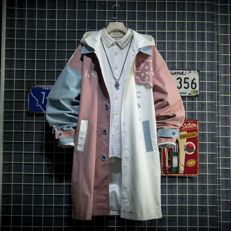 Japanese Style Spring Autumn Men Hoodie Cute Cat Print Patchwork Hoodies Fashion Anime Harajuku Male Sweatshirt