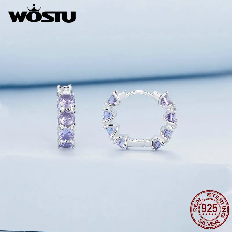 WOSTU Big Stone 925 Sterling Silver Classical Round Purple Crystal Hoop Earrings