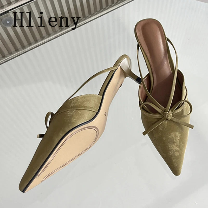 Butterfly-Knot Pointed Toe Low Thin Heels Mules Slippers Women Pumps