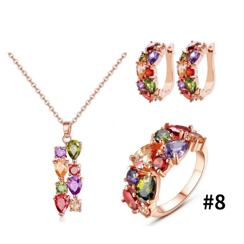 Retro Sweet Rose Gold Color Multi Cubic Zirconia Jewelry Sets