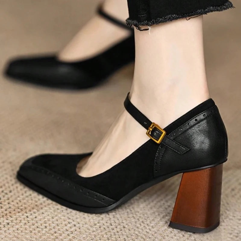 French Style Women's Black Square Toe Chunky Heel Thick Sole Buckle Slip-On Pumps