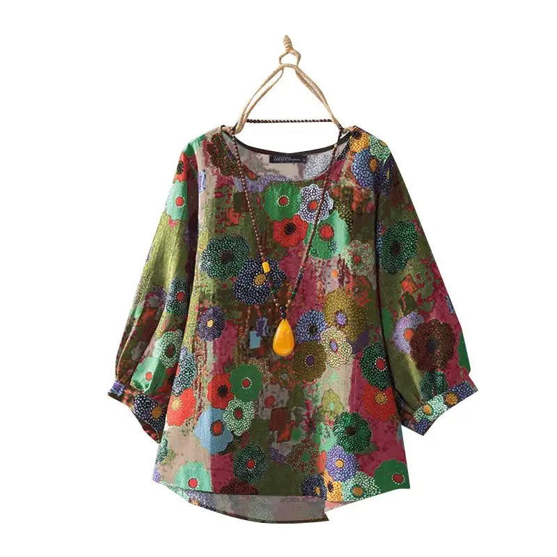 Women Long Sleeve Blouse Retro Floral Print Shirts