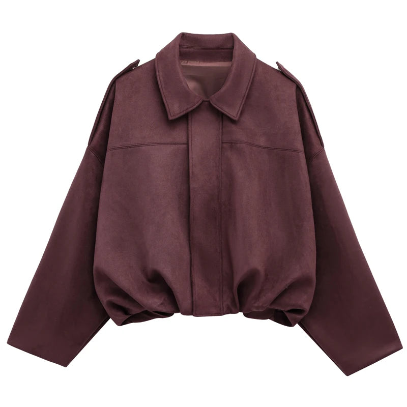 Women's Bomber Jacket Lapel Long Sleeve, Zipper, Suede Jacket