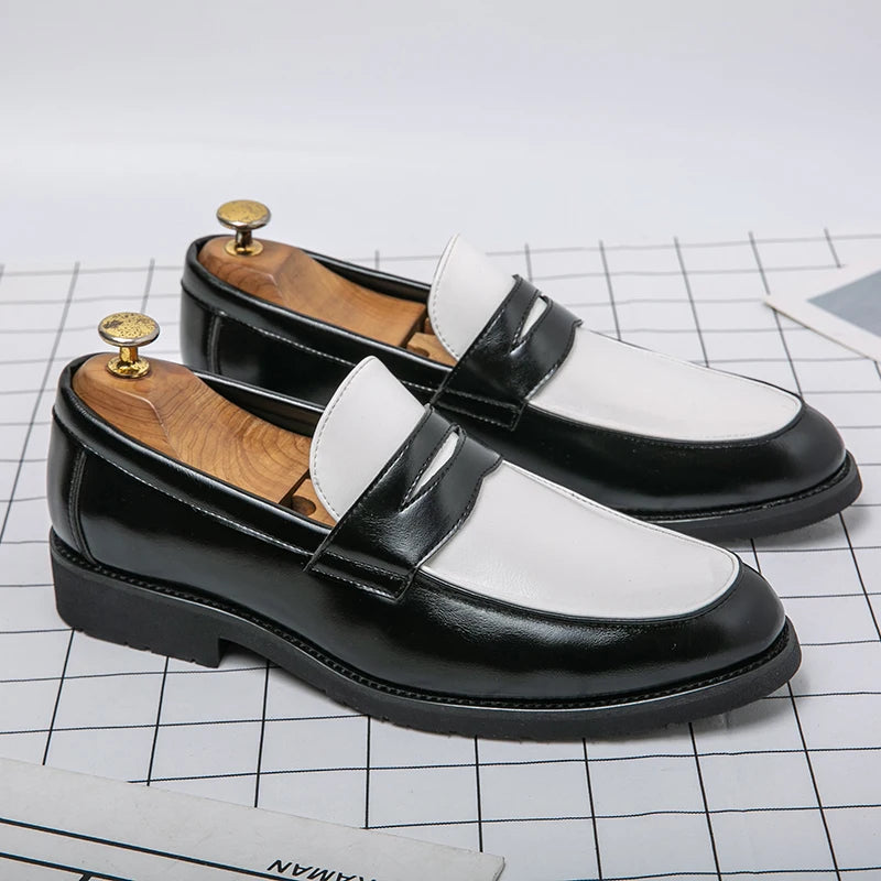 Luxury Brand Black and White Color block Loafers Men Slip-On Classic Style Casual Leather Shoes