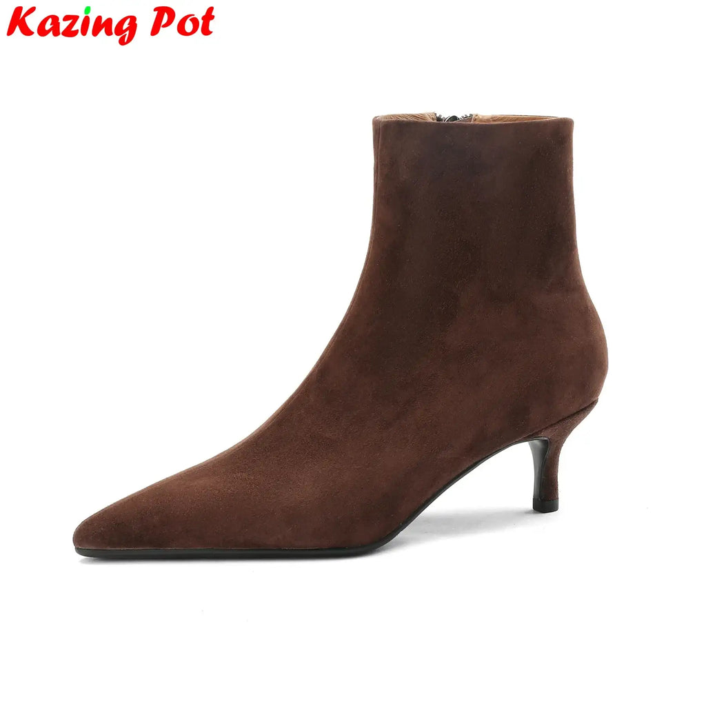Krazing Pot Big Size Cow Suede Pointed Toe High Heels Modern Boots