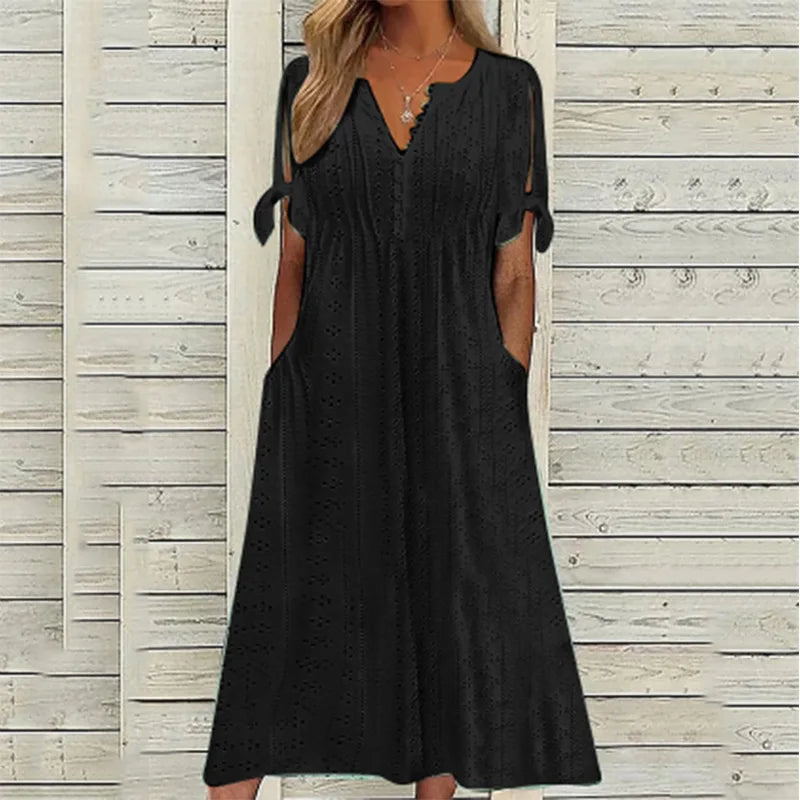 Summer New Women's Dress with Hollow-out Lace Trim and V-neck