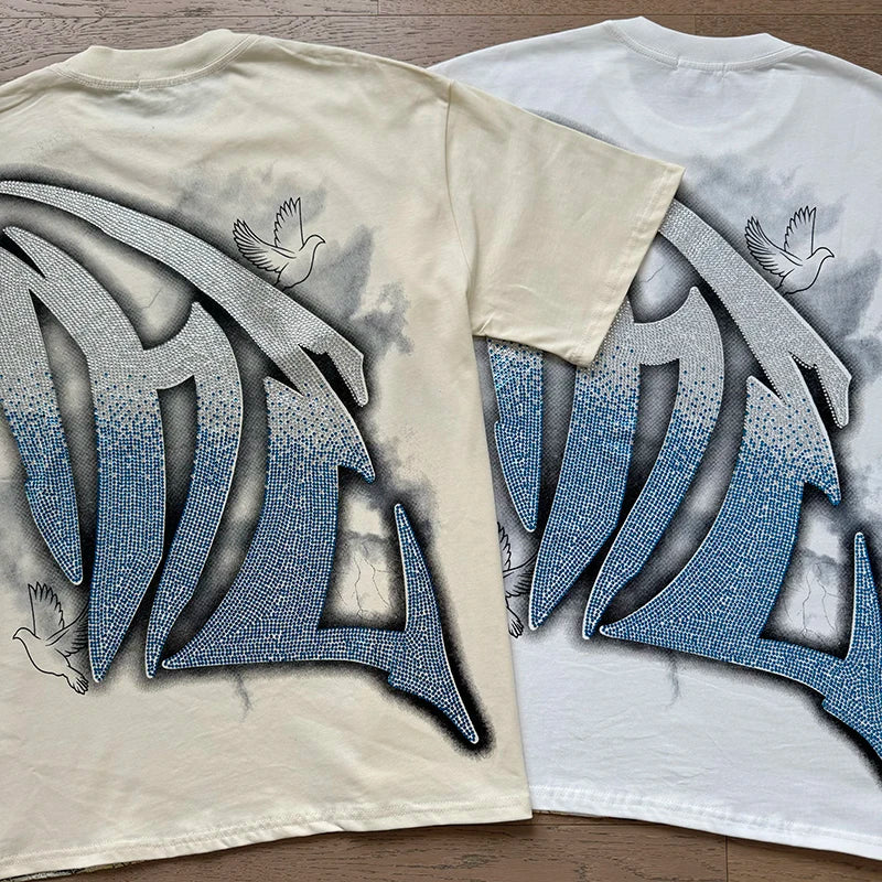 High Street Fashion Angel Print Hot Drill Streetwear MIXED EMOTION T-shirt